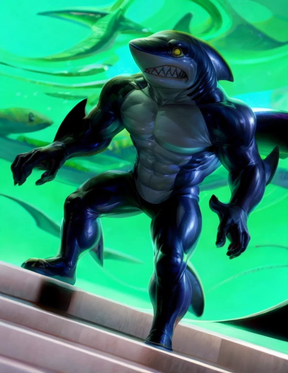 A humanoid shark creature stands tall,blue body with blue back pointed fins a dull gray in his belly tough, its yellow eyes gleaming with intensity as it showcases its sharp, clenched teeth. The male focus is centered on the subject's powerful physique, set against a vibrant, enhanced bright background that accentuates its otherworldly features. Art by TakahiroSi.cartoon style,detail full-body,detail face&eyes,detail hands,detail finger(4 fingers),detail legs&feet,4k,high_resolution,masterpiece,smooth soft body,balance muscle,((light-up character's dark-body)),((light-up background))
