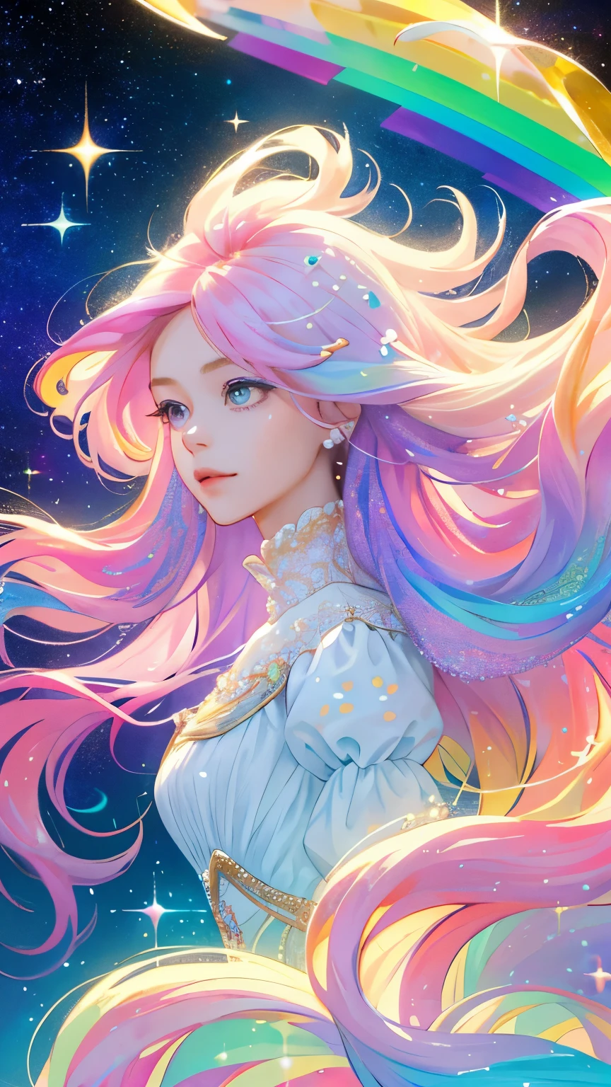 a girl，rainbow colors的头发，Romanticized nature，curls，A dreamlike realm，light white and light red，The atmosphere is very good，wave. 3d. rainbow colors. The melting beauty of the universe. Surrealism in Nebula Reflections. glass texture，Translucent，crystal