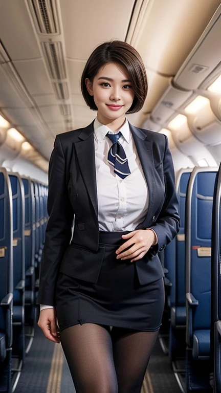 1beautiful womanl, 28years、hyperdetailed face、Detailed lips、A detailed eye、double eyelid、(Black bob hair、Smiling while walking gracefully down the aisle)、(Stewardess uniform:1.2)、((beautiful tie)) ((blaclk tights pantyhole)) (Glamorous body)、(Colossal tits)、((short-cut hair))、（large full breasts）（big butts）（Plump body）（plump body shape）（ large full breasts）（Colossal tits）((J-Cup))、highs thighs thighs thighs, Perfect fit, Perfect image realism, Background with: (Business Class aisle on airplanes:1.2), Cowboy Shot, Meticulous background, detailed costume, Perfect litthing、Hyper-Realism、(Photorealsitic:1.4)、8K maximum resolution, (​masterpiece), ighly detailed, Professional