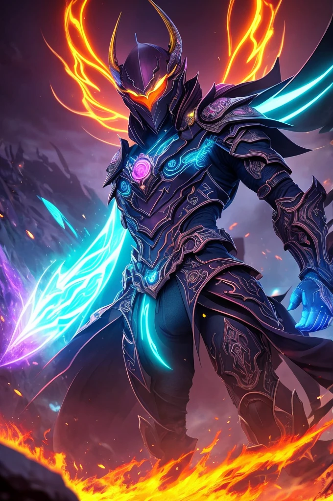 A mythical Kraken ninja stands poised in a neon-lit, dystopian metropolis, rendered in stunning 4K resolution, blending ancient legend with futuristic cyberpunk flair. The ninja's ornate, high-tech armor glows with a mesmerizing iridescent sheen, as intricate circuitry and glowing accents dance across the metallic surface. The dragon's scales shimmer in hues of indigo, violet, and electric blue, while neon accents pulse in fiery oranges and greens, casting an otherworldly glow across the surrounding urban landscape, exuding a sense of cutting-edge, cinematic grandeur. A figure shrouded in black and purple mist stands surrounded by flames in the darkness. This mysterious being exudes an aura of danger and intrigue, with sharp features and captivating eyes. The cloak billows around them, adding to their mysterious presence. This image could be a stunning painting, rich in detail and vivid colors. Every aspect of the figure is meticulously crafted, from the swirling mist to the fiery backdrop, creating a truly captivating and high-quality piece of artwork.