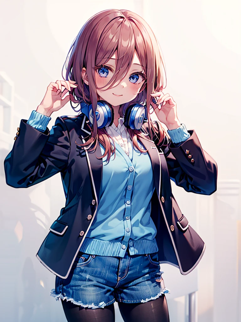 (8K, Highest quality, Highest quality, masterpiece), nm1, 1girl, headphones around neck, smile, school uniform, long sleeves, blue cardigan, denim shorts, pantyhose, black jacket, open jacket