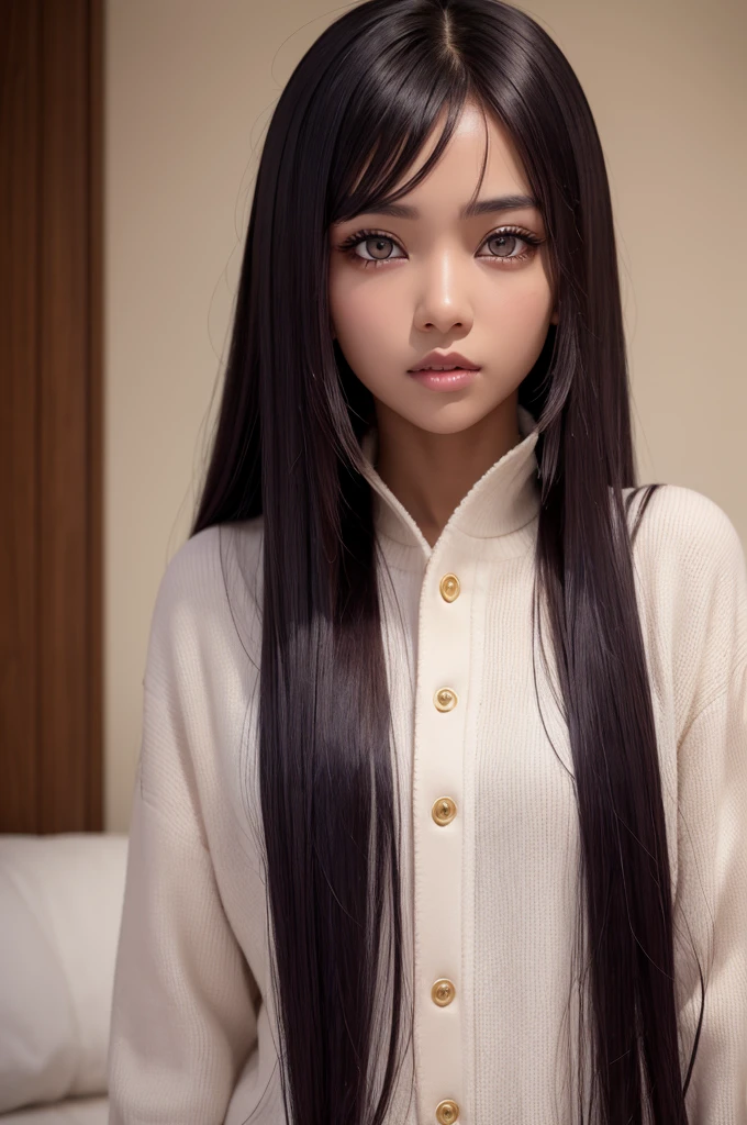 a girl with dark skin, gold eyes, cold violet hair, sharp eyes like a cat&#39;s and a large lock of hair covering one of the eyes. She wears sunglasses on her head, wears a dark violet bra and puts on the top