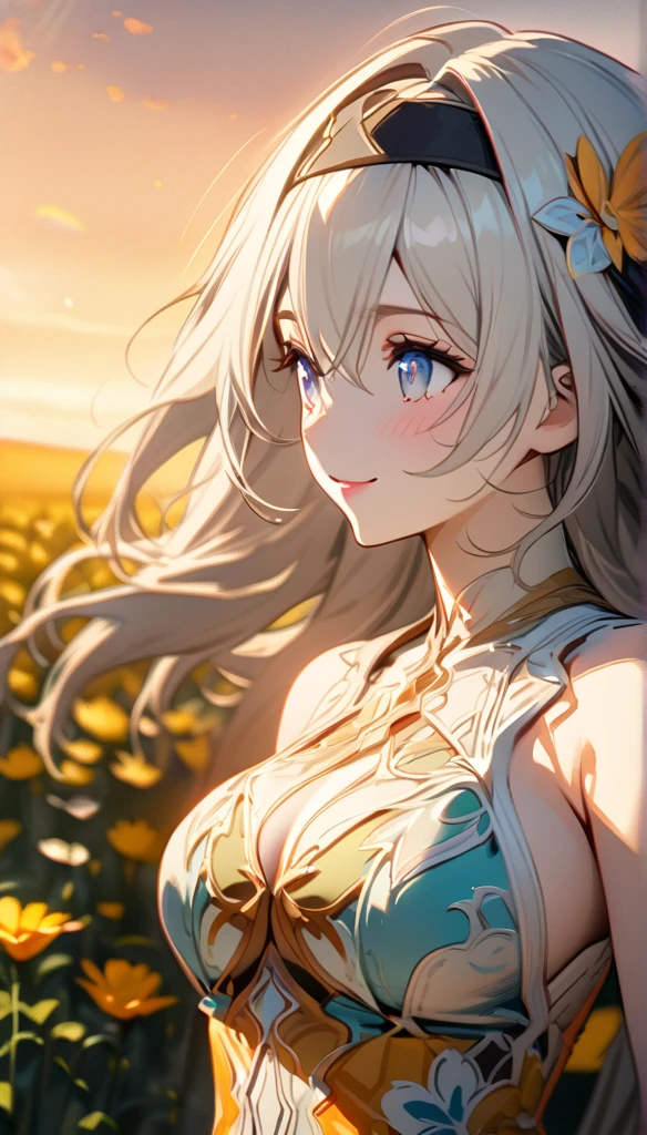 beautiful girl, long grey hair, beautiful face,smiling,close up to hips, beautiful breast, in the middle of flowers field, (open mouth:0.4),illustration,detailed textures(realists),ultra-detailed,portrait style,vivid colors,soft lighting, blushing, mature, hair fluttering, evening light , head band, ((half body)), cleavages, wearing intricate dress, perky. ((side profile ))