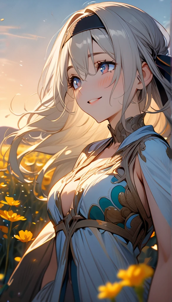 beautiful girl, long grey hair, beautiful face,smiling,close up to hips, beautiful breast, in the middle of flowers field, (open mouth:0.4),illustration,detailed textures(realists),ultra-detailed,portrait style,vivid colors,soft lighting, blushing, mature, hair fluttering, evening light , head band, ((half body)),  cleavages, wearing intricate dress, perky. ((side profile ))