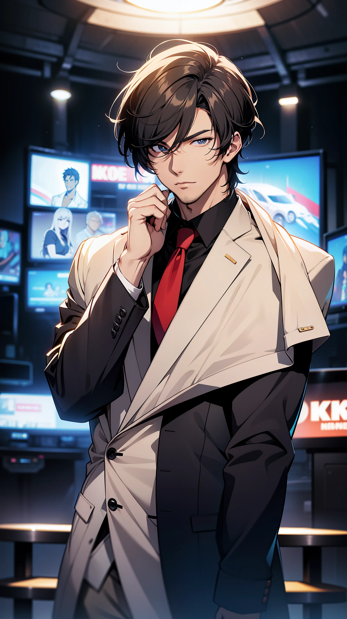 A host,Television, He is nearby, Anime handsome man, Looking at the audience, high resolution, Super sharp, 8K, masterpiece
