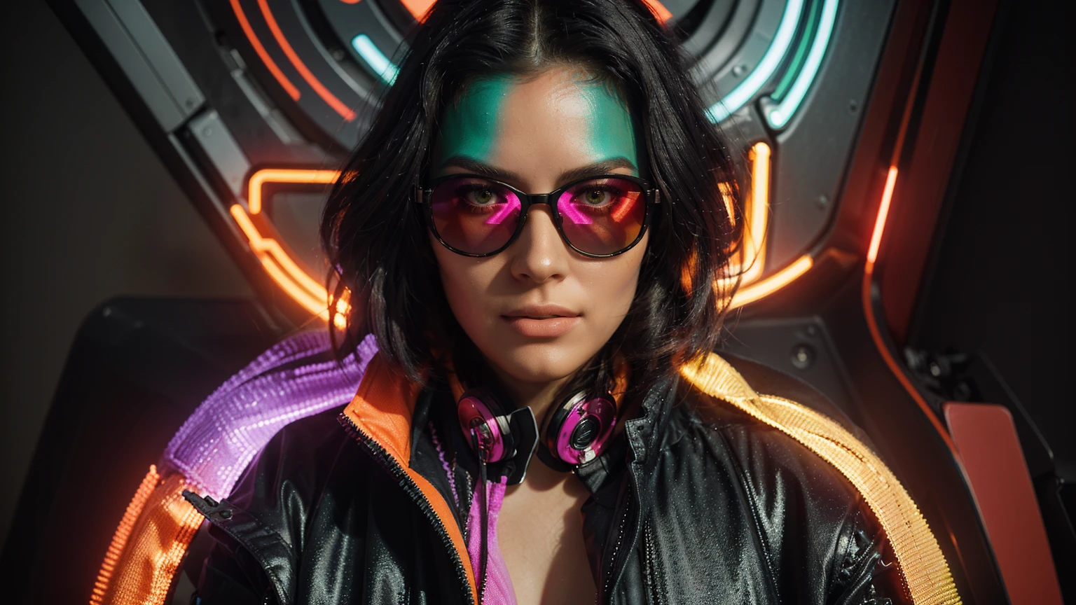In this extraordinary digital portrait by the incredibly skilled artist MadokPlanet, the central figure is a captivating woman with electrically charged hair that radiates neon shades of green-black and orange. Her composed demeanor exudes cold confidence and an enigmatic aura. Wearing reflective sunglasses with intense pink and orange hues, she conceals her eyes while capturing the vibrant light surrounding her. The sunglasses' reflective surface offers a glimpse of a world teeming with energy and limitless possibilities.
The woman is adorned with a richly detailed jacket, the texture and color of which harmonize with the electric tones that envelop her. MadokPlanet's signature, "MELHORES MUSICAS ANOS 80 90" is prominently displayed on the jacket. The composition showcases a harmonious blend of fashion, 3d render, vibrant, typography, fashion