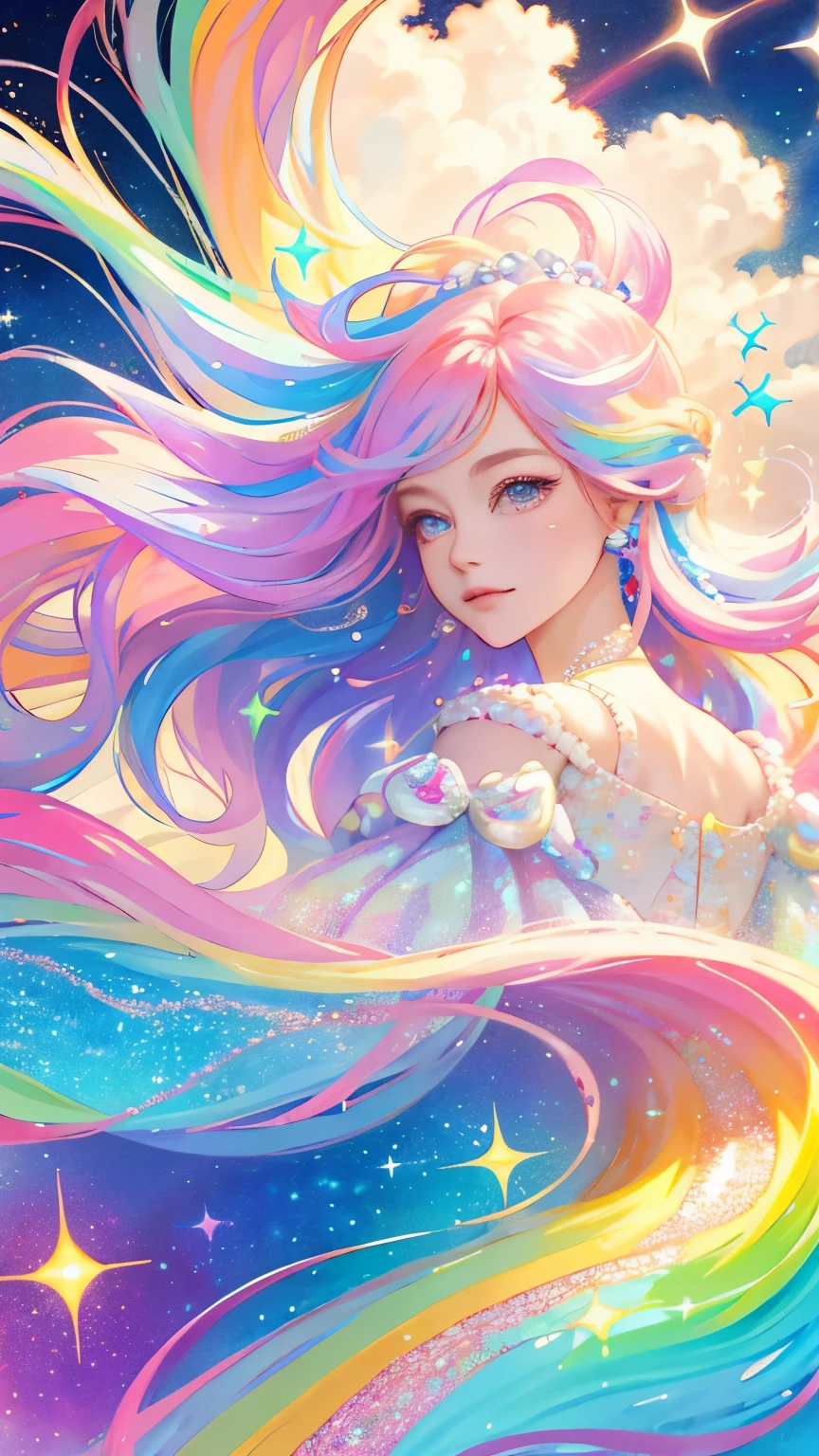 high quality,masterpiece,Delicate facial features,Delicate hair,Delicate eyes,((pretty girl)),(colorful),Flowing colorful auspicious clouds,colorful hair,colorful dress,(There are highlights in the hair),((Tiny pearl hair,Sparkle and shine)),colorful,Painted in many colors,colorful rainbow,Beautiful CG,Delicate and beautiful features,Gorgeous highlights,Crystal Clear,((Shining Sparkle)),perfection,Dreams are magical,colorful floating clouds,Sequin trim on the corners of the eyes(Delicate expression)(Depiction of fine hair)(最high quality)(マスターのmasterpiece)(High degree of perfection)(atmosphere)8k wallpaper,masterpiece,The best quality at its best,Super detailed(Half-length portrait)