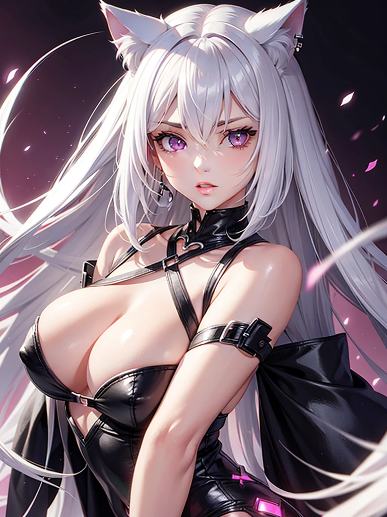 Silver hair, pink eyes, body, cat ears, sexy girl, earrings, love background fantasy, outfits