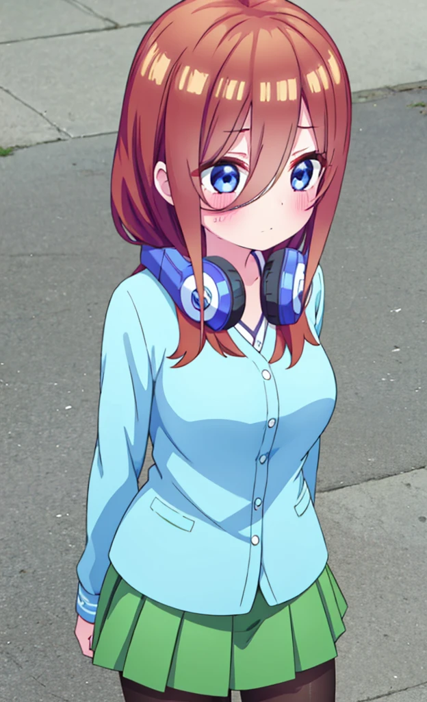 masterpiece,Highest quality,1 Girl,alone,blush with embarrassment,Pokémon-like art style,(bold:1.6),(flat:1.5), miku nakano, LONG HAIR, bangs, blue eyes, BROWN HAIR, SHIRT, HAIR BETWEEN EYES, HEADPHONES, HEADPHONES AROUND NECK,
SKIRT, SHIRT, LONG SLEEVES, WHITE SHIRT, PANTYHOSE, PLEATED SKIRT, BLACK PANTYHOSE, cardigan, GREEN SKIRT, BLUE cardigan, Big Breasts, 慌てる, age regression