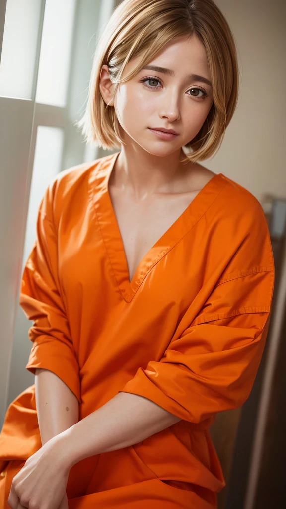 ((realism)), extremely high quality RAW photograph, Detailed Background, complicated, Messy Hair, Exquisite detail and texture, Very detailed, photograph (Allison Mack) In a prison cell, (wearing orange prison uniform:1.3), Looking away from the camera, 超詳細なphotograph, Warm lighting, Art Station, 4K, Sharp focus, High resolution, Detailed skin, Fine grain, 8K Ultra HD, Digital SLR, Low strong lighting, high quality, Film Grain, Fujifilm XT3, sad:1.3