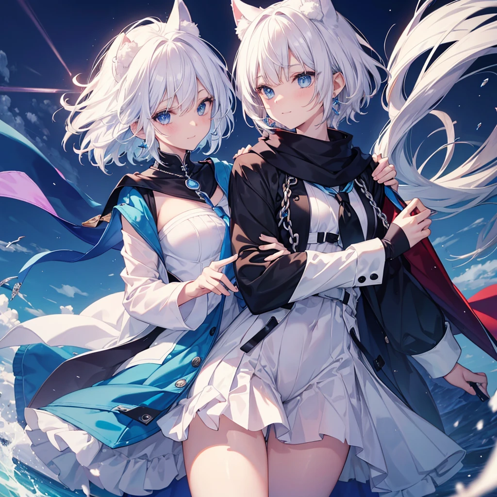 White Hair　blue eyes　short hair　Have　student　Cat ear　nice　Blue Earrings　necklace　gloves　beauty　thin　Sailor suit　Put on a black coat　Fantasy　smile　coastal　sunset　Fluffy hair