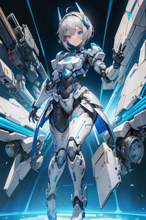 Female Android　Girl　masterpiece　Gray Hair　short　Blue armor　high school girl　Mechanical Combatant　whole body　disarmament　smile