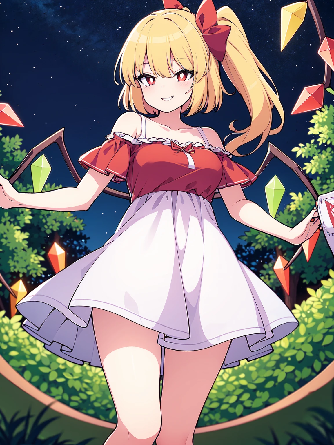 (cowboy shot), (colorful:1.1), vibrant color, (ultra-high resolution, depth of field:1.2), Touhou project, (Flandre scarlet), (1woman), in her 20s, (medium breasts:1.4), (red eyes), white pupils, (blonde hair), ponytail, (bangs), red ribbon, (white sundress:1.4), frills, off shoulder, long skirt, seductive smile, (grinning), squinting eyes, garden scenery, night