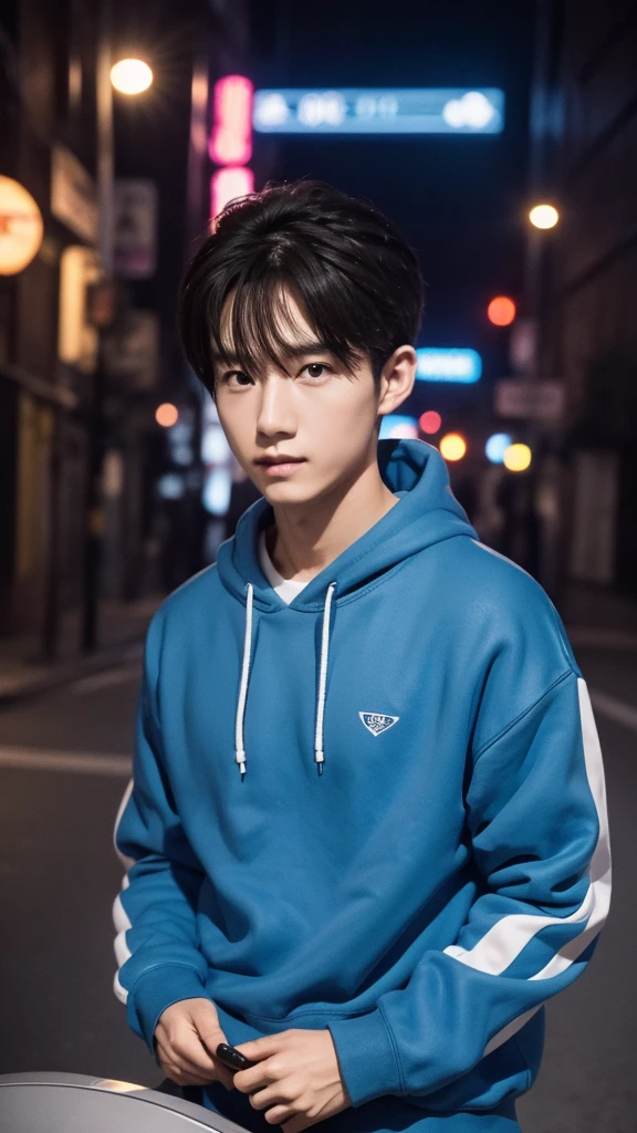 deep in the night，Warm sweatshirt，Attractive man，Live-action photo，Handsome and sunny，（SLR effect，Reality，8K，Hyper-detailing，Absolute realism）