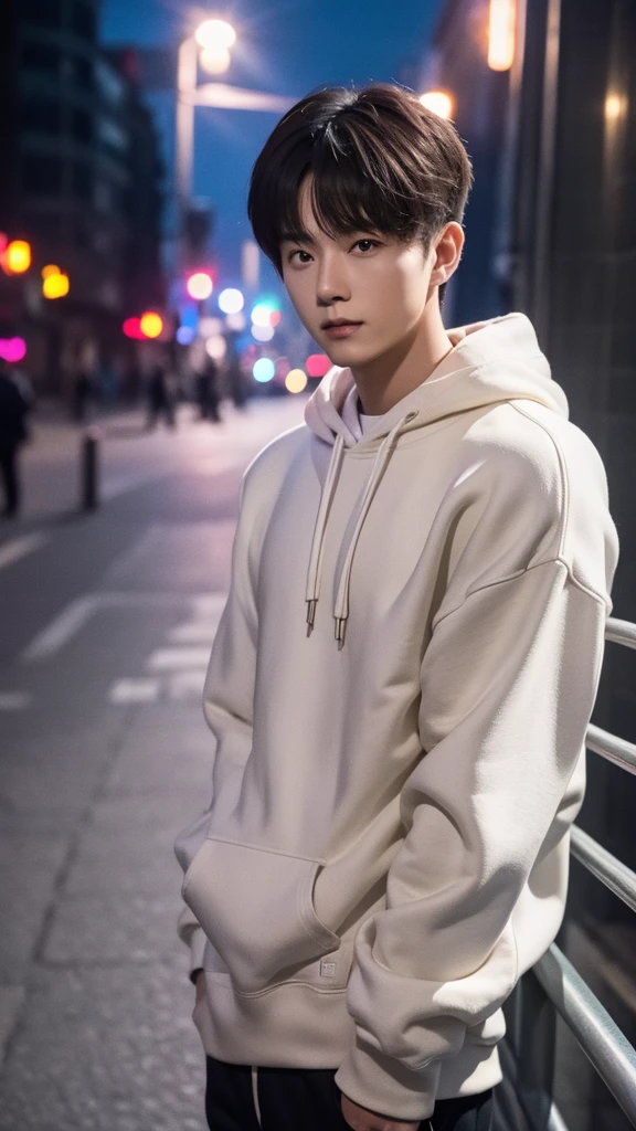 deep in the night，Warm sweatshirt，Attractive man，Live-action photo，Handsome and sunny，（SLR effect，Reality，8K，Hyper-detailing，Absolute realism）