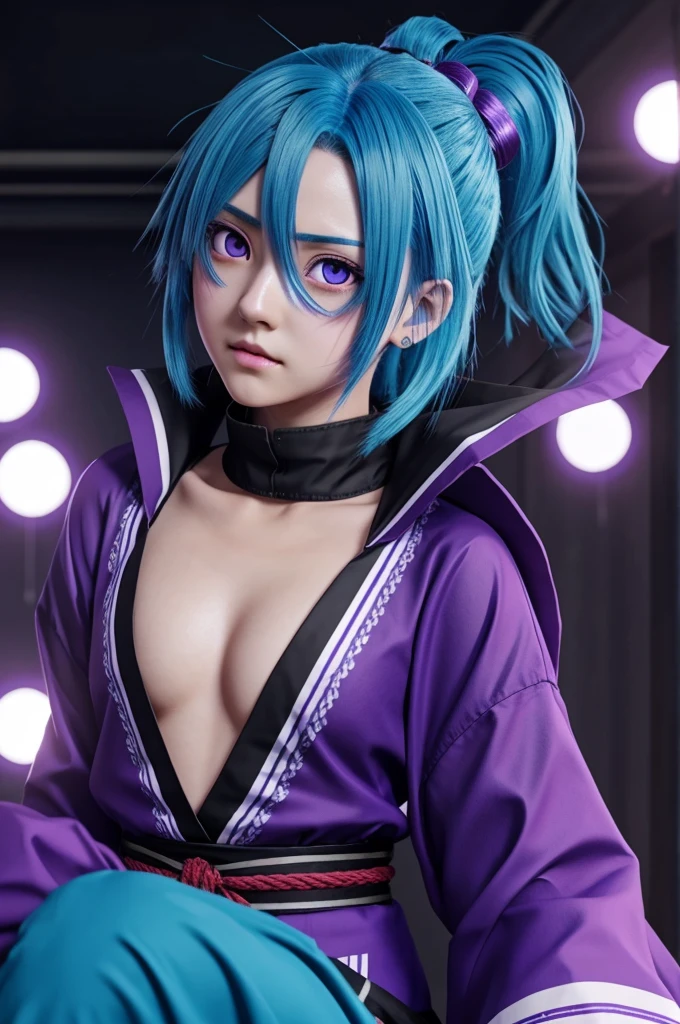 Screenshot of kimetsu No Yaiba As a girl with blue hair with purple eyes