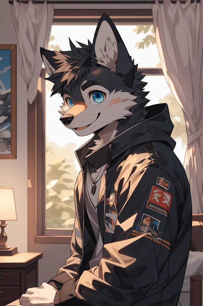 Furry shota, wolf, black hair, long spiky ponytail, blue eyes, detailed body fur, ((goggles, blue hawaiian shirt, open clothes, canine penis)), looking at you, fangs, clear grey body fur, detailed face, big eyebrows, detailed eyes, detailed body, detailed body fur, detailed hands, glistering body, shiny body, skinny, solo, low angle, straddle view, penis focus,