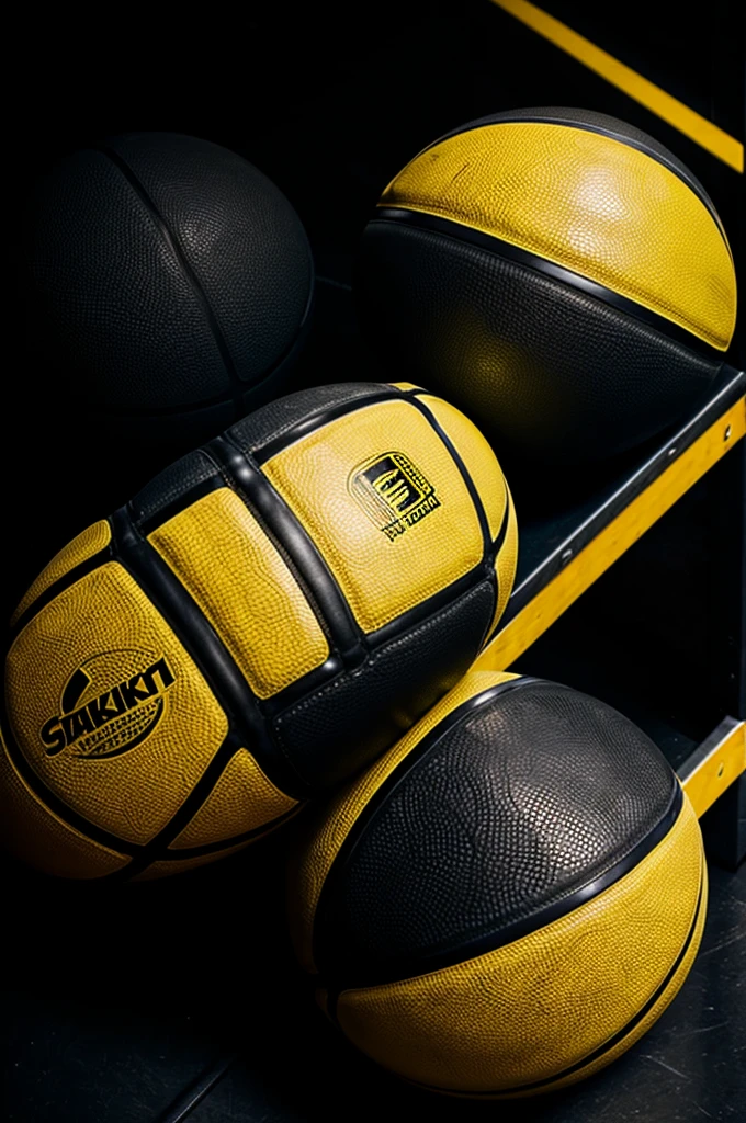 Black and yellow basketball sitting on a dark dimly lit basketball court 