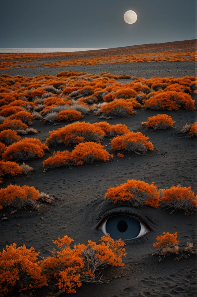 black sand desert, gray trees with orange leaves, moon in the shape of a vermilion eye 