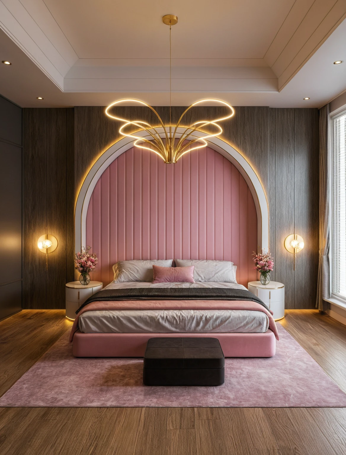 Raw photo,Masterpiece, high quality, best quality, authentic, super detail, interior, ((girl's bedroom)), ( style modern luxury), sunset, day light, bed, carpet, curves, bedside cabinets, wood floor, led, flower vase, butterfly chandelier , windows, downlight, (pink and black tones), wardrobe, glass cabinet doors, gold brace,