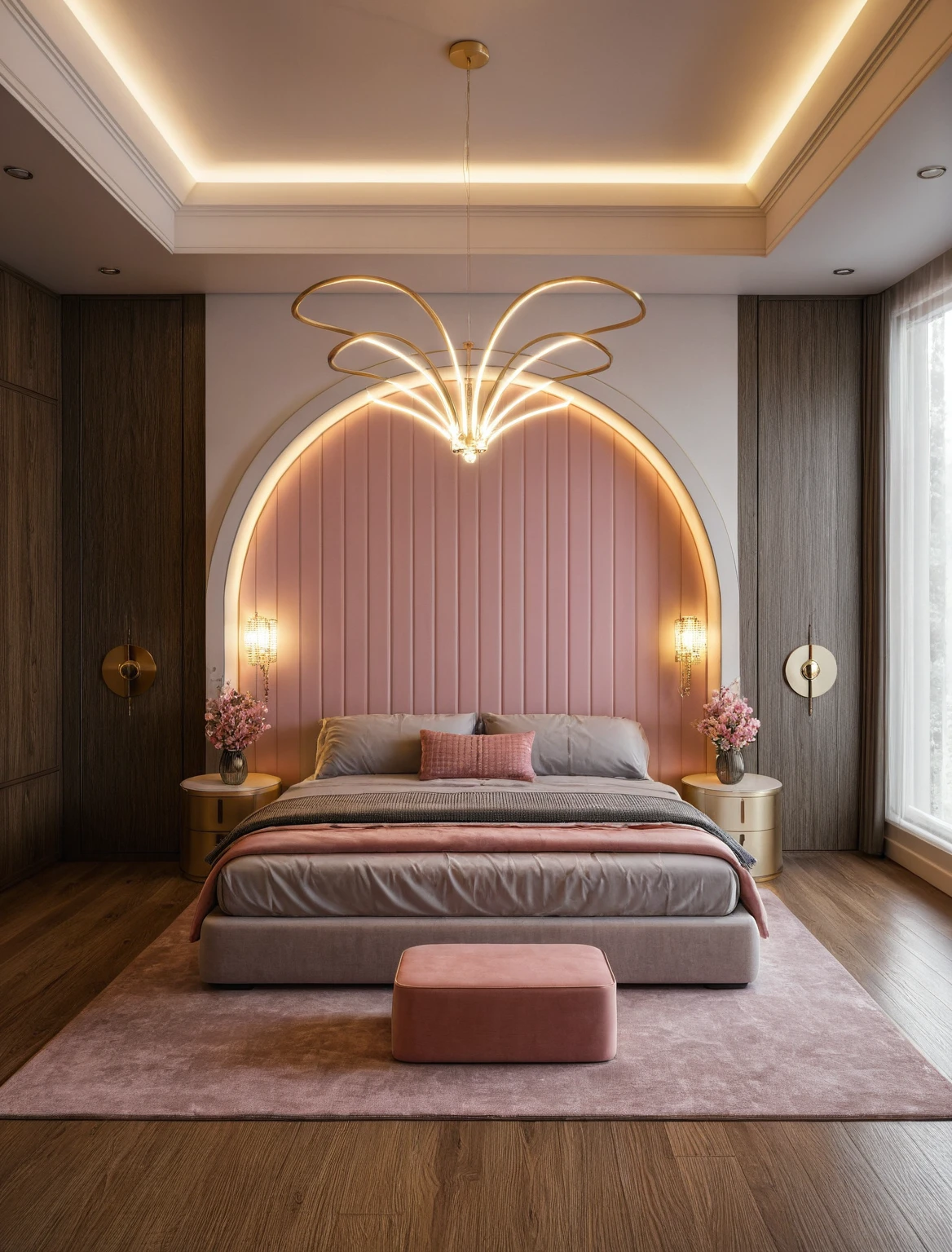 Raw photo,Masterpiece, high quality, best quality, authentic, super detail, interior, ((girl's bedroom)), ( style modern luxury), sunset, day light, bed, carpet, curves, bedside cabinets, wood floor, led, flower vase, butterfly chandelier , windows, downlight, (pink and black tones), wardrobe, glass cabinet doors, gold brace,