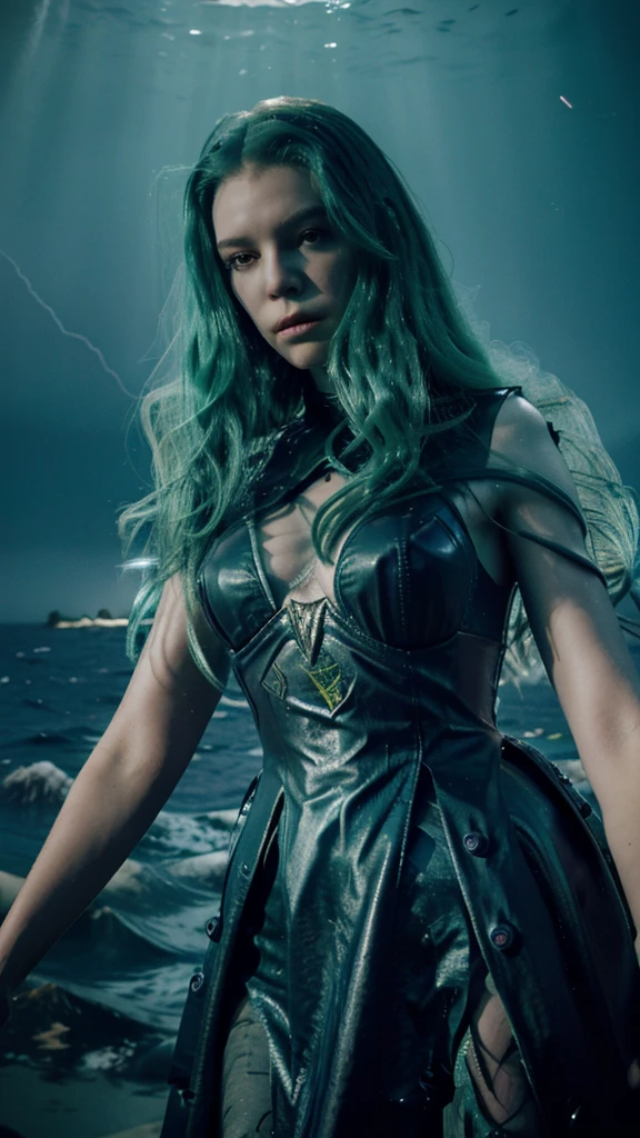 a photo of a sea witch, Long green hair, evil, villain, she is coming to you, up close, dark ocean,( underwater:1.1), lightning strike, glare eyes, wearing a dress made of seaweed, Tentacles, octopus, (up close:1.3)