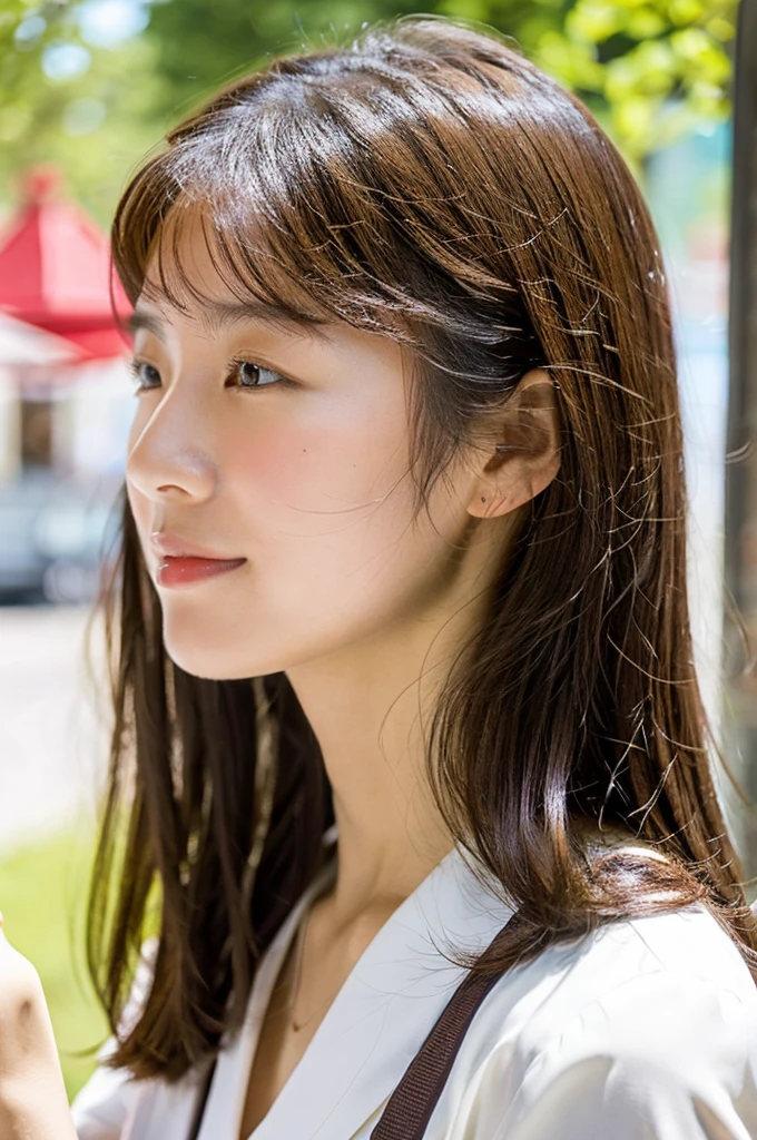 Lunch at a cafe, (looking away:1.3), Profile,sit on the terrace, Sunlight,face-to-face perspective,Top quality, 1 beautiful Japanese woman, teen,high school student,(18 years old),medium hair, (brown hair:1.2), Ultra-realistic capture, Highly detailed, High resolution 16k close-up of human skin. Skin texture must be natural, With such detail that pores can be finely identified. Skin should look healthy, In a uniform tone. Use natural light and color,