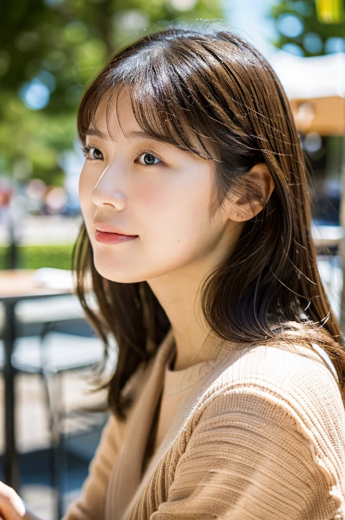 Lunch at a cafe, (looking away:1.3), Profile,sit on the terrace, Sunlight,face-to-face perspective,Top quality, 1 beautiful Japanese woman, teen,high school student,(18 years old),medium hair, (brown hair:1.2), Ultra-realistic capture, Highly detailed, High resolution 16k close-up of human skin. Skin texture must be natural, With such detail that pores can be finely identified. Skin should look healthy, In a uniform tone. Use natural light and color,