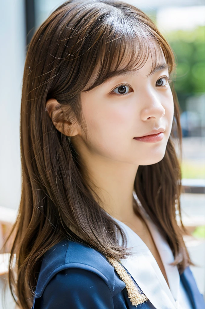 Lunch at a cafe, (looking away:1.3), Profile,sit on the terrace, Sunlight,face-to-face perspective,Top quality, 1 beautiful Japanese woman, teen,high school student,(18 years old),medium hair, (brown hair:1.2), Ultra-realistic capture, Highly detailed, High resolution 16k close-up of human skin. Skin texture must be natural, With such detail that pores can be finely identified. Skin should look healthy, In a uniform tone. Use natural light and color,