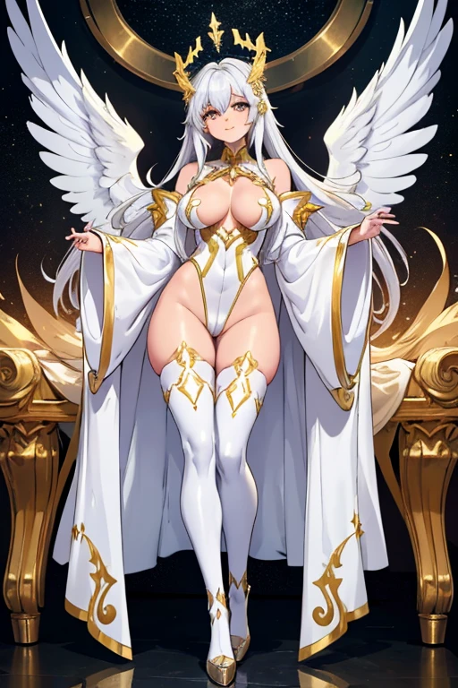 female, gold long hair with silver highlights, gold eyes, pure white metal skin, gold and white angel wings, robotic (((1girl))), (((white metal robes))), (white leotard), (white detached sleeves), cute and sexy, full body, large breasts, large butt, long legs, smiling