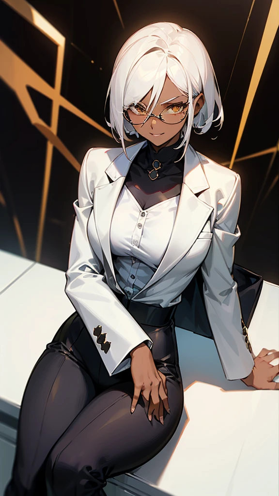1 Female, adult, dark skinned women, long white short hair, hair over the ears, golden eyes, glasses, black business suit, black tailored jacket, white shirt, black pantsuit, off jacket, malicious smile, sharp eye, (collarbone), sitting,