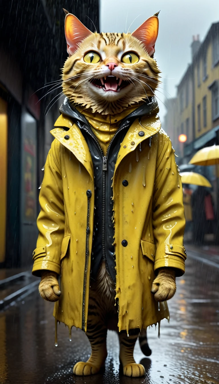 photorealistic portrait of dressed animals - a ((Skinny)) ((cat)) ((yellow)) high quality,(creepy smile),(dirty),intricate details, (the heavy rain wets him), Very detailed ((very torn coat)), soft lighting,(full body image:1.5),rainy street background,(seen from below:2.0),