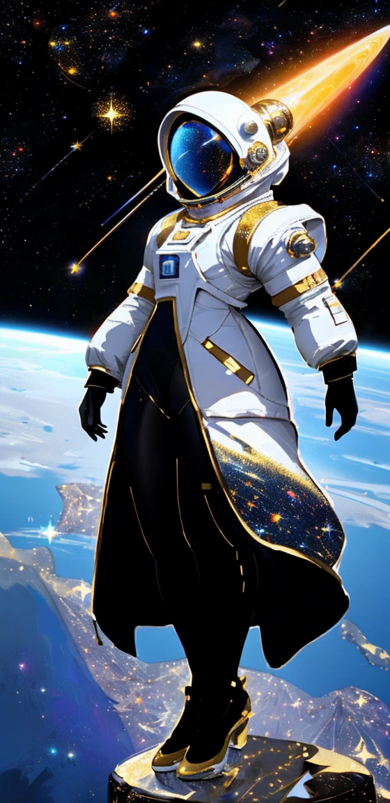 Dragon retro space suit with gold scales, black, white and gold, stars in the space suit, full body, floating in space, vintage space suit, woman space suit, wizard outfit, wizard inspire, witch inspired space suit,