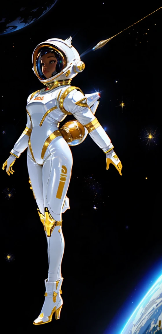 Dragon retro space suit with gold scales, black, white and gold, stars in the space suit, full body, floating in space, vintage space suit, woman space suit, wizard outfit, wizard inspire, witch inspired space suit,
