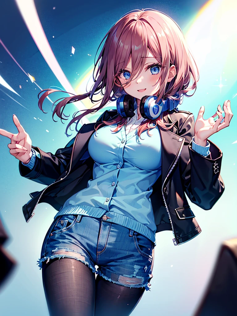 (8K, Highest quality, Highest quality, masterpiece), nm1, 1girl, headphones around neck, smile, school uniform, long sleeves, blue cardigan, denim short shorts, pantyhose, black jacket, open jacket, big breasts