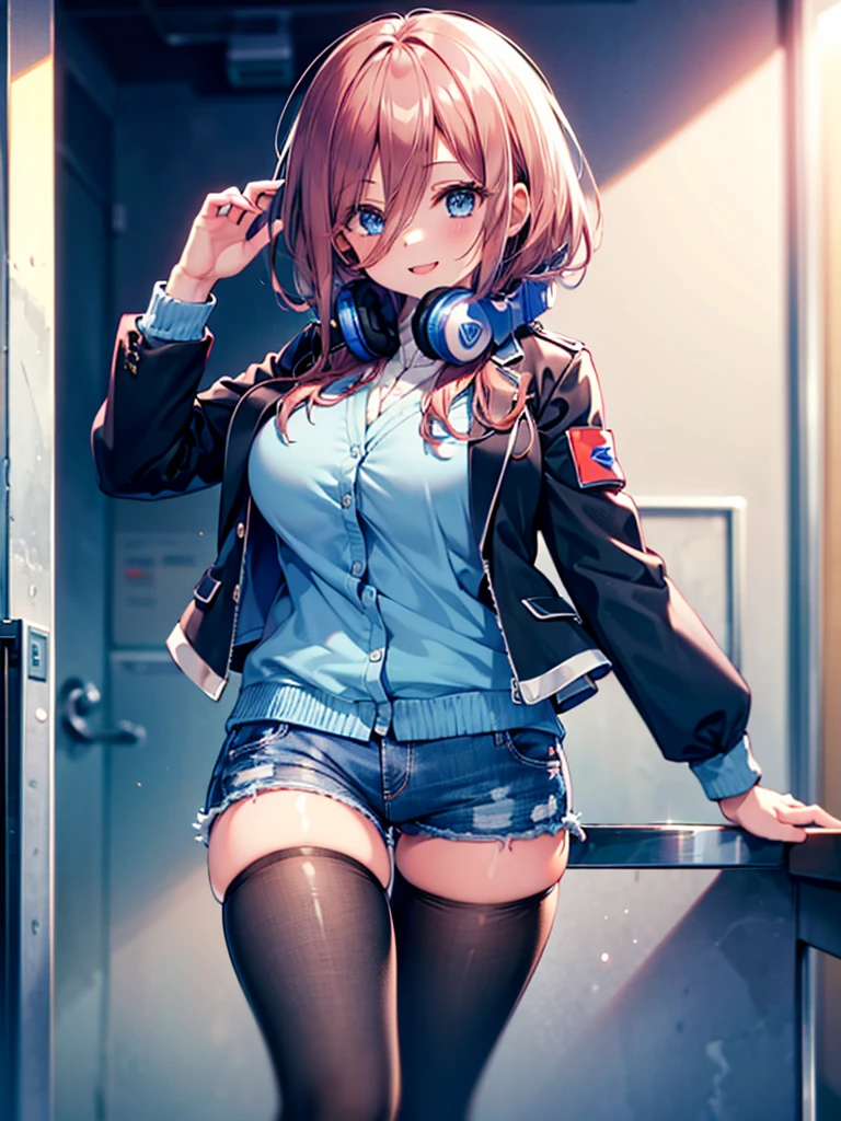 (8K, Highest quality, Highest quality, masterpiece), nm1, 1girl, headphones around neck, smile, school uniform, long sleeves, blue cardigan, denim short shorts, pantyhose, black jacket, open jacket, big breasts