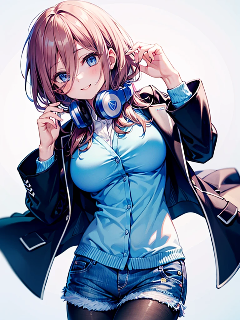 (8K, Highest quality, Highest quality, masterpiece), nm1, 1girl, headphones around neck, smile, school uniform, long sleeves, blue cardigan, denim short shorts, pantyhose, black jacket, open jacket, big breasts