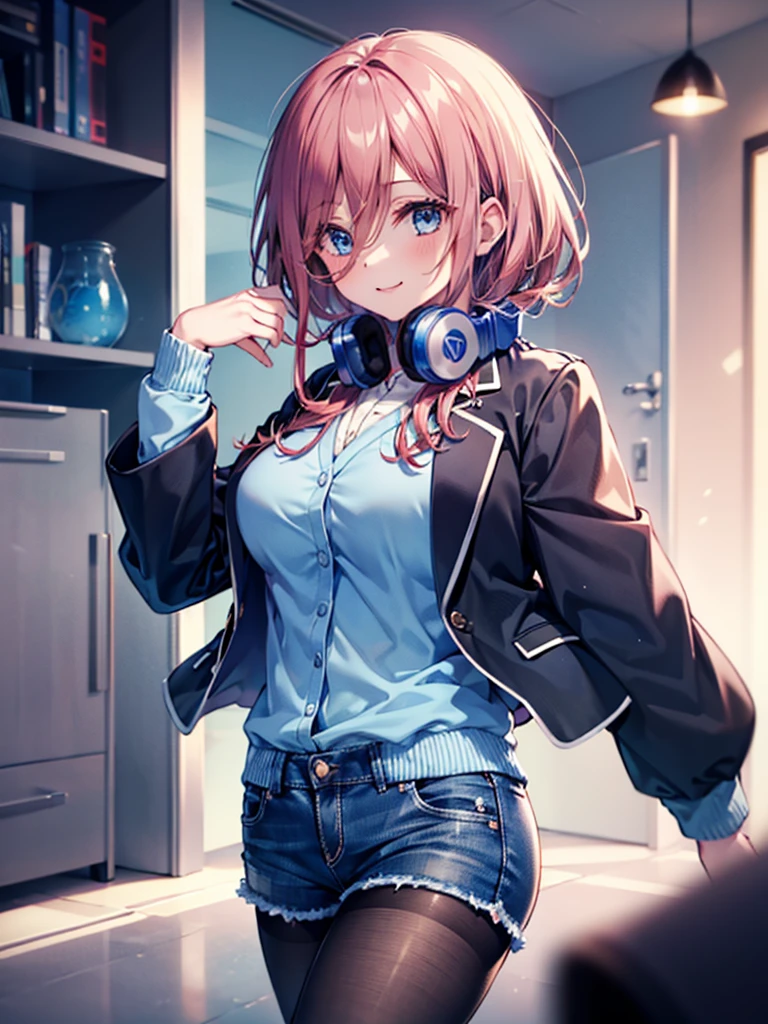 (8K, Highest quality, Highest quality, masterpiece), nm1, 1girl, headphones around neck, smile, school uniform, long sleeves, blue cardigan, denim short shorts, pantyhose, black jacket, open jacket, big breasts