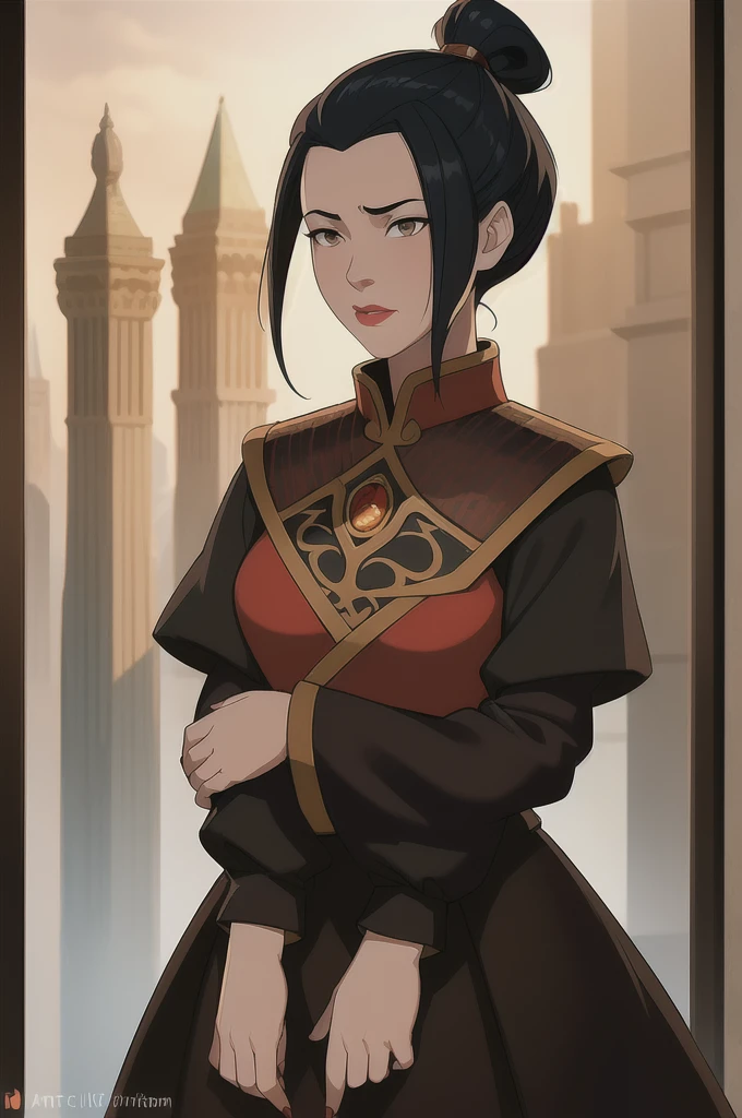 (dark theme:0.6), (dark shot:1.1), epic realistic, (dark shot:1.4), 80mm, (anime), (illustration), cartoon, detailed, azula, 1girl, solo, short hair, black hair, hair ornament, ponytail,  brown eyes,  lipstick,  red lips ,maid, embarrassed, blush, looks away, art by greg rutkowski and artgerm, soft cinematic light, adobe lightroom, photolab, hdr, intricate, highly detailed, (depth of field:1.4), soft light, sharp, exposure blend, medium shot, bokeh, (hdr:1.4), high contrast, (cinematic, teal and orange:0.85), (muted colors, dim colors, soothing tones:1.3), low saturation, (hyperdetailed:1.2), (noir:0.4), faded, (neutral colors:1.2), (hdr:1.4), (muted colors:1.2), hyperdetailed, (artstation:1.4), cinematic, warm lights, dramatic light, (intricate details:1.1), complex background, (rutkowski:0.66), (teal and orange:0.4), (hdr:1.22), muted colors, complex background, hyperdetailed, art [[by jordan grimmer]]