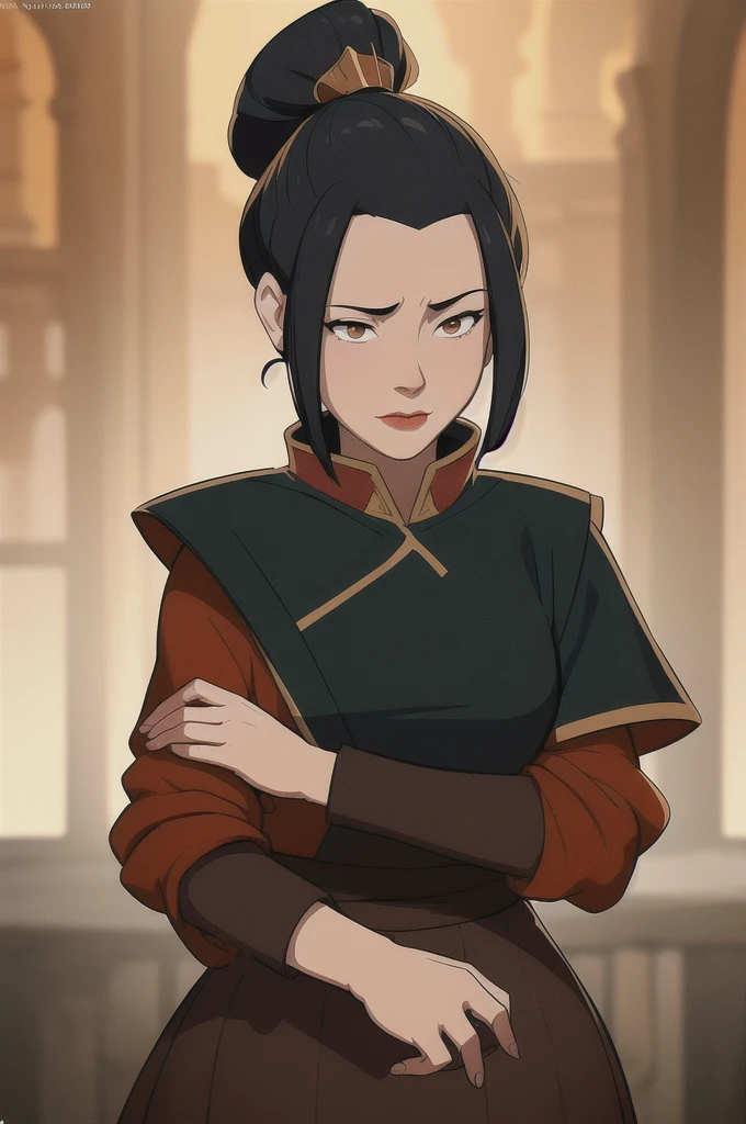 (dark theme:0.6), (dark shot:1.1), epic realistic, (dark shot:1.4), 80mm, (anime), (illustration), cartoon, detailed, azula, 1girl, solo, short hair, black hair, hair ornament, ponytail,  brown eyes,  lipstick,  red lips ,maid, embarrassed, blush, looks away, art by greg rutkowski and artgerm, soft cinematic light, adobe lightroom, photolab, hdr, intricate, highly detailed, (depth of field:1.4), soft light, sharp, exposure blend, medium shot, bokeh, (hdr:1.4), high contrast, (cinematic, teal and orange:0.85), (muted colors, dim colors, soothing tones:1.3), low saturation, (hyperdetailed:1.2), (noir:0.4), faded, (neutral colors:1.2), (hdr:1.4), (muted colors:1.2), hyperdetailed, (artstation:1.4), cinematic, warm lights, dramatic light, (intricate details:1.1), complex background, (rutkowski:0.66), (teal and orange:0.4), (hdr:1.22), muted colors, complex background, hyperdetailed, art [[by jordan grimmer]]