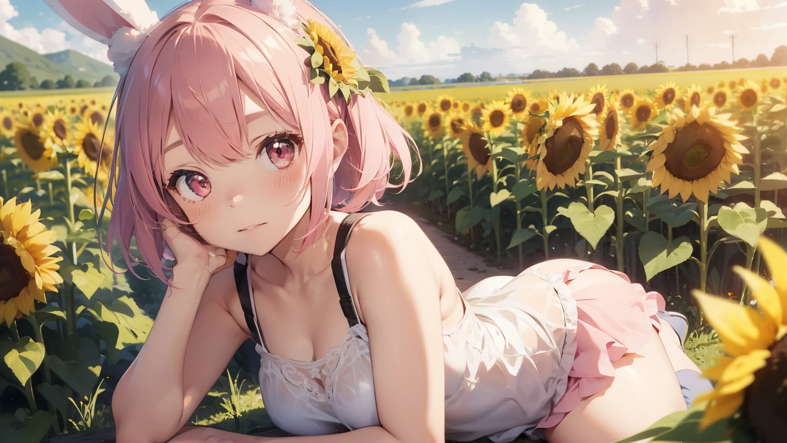 High Definition Cute Girl, Fluffy bunny ears, 25age,Pink short bob,Pale pink eyes,Fantastic scenery,10,000 sunflowers in a field、Lying on one's back