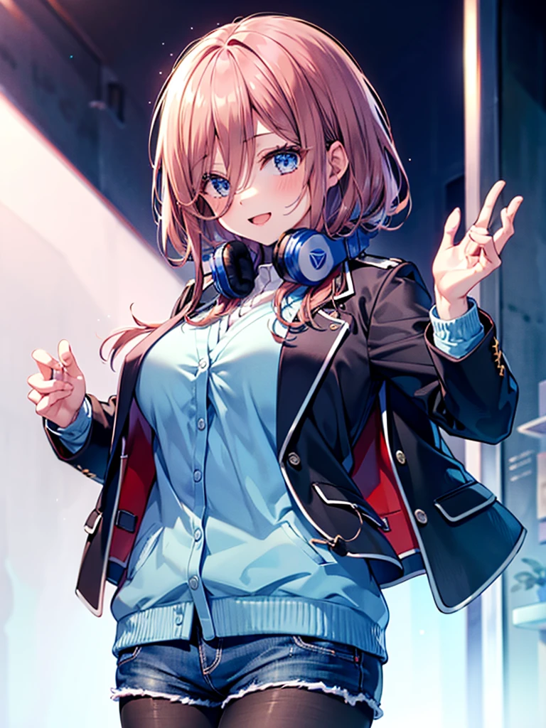 (8K, Highest quality, Highest quality, masterpiece), nm1, 1girl, headphones around neck, smile, school uniform, long sleeves, blue cardigan, denim short shorts, pantyhose, black jacket, open jacket, big breasts