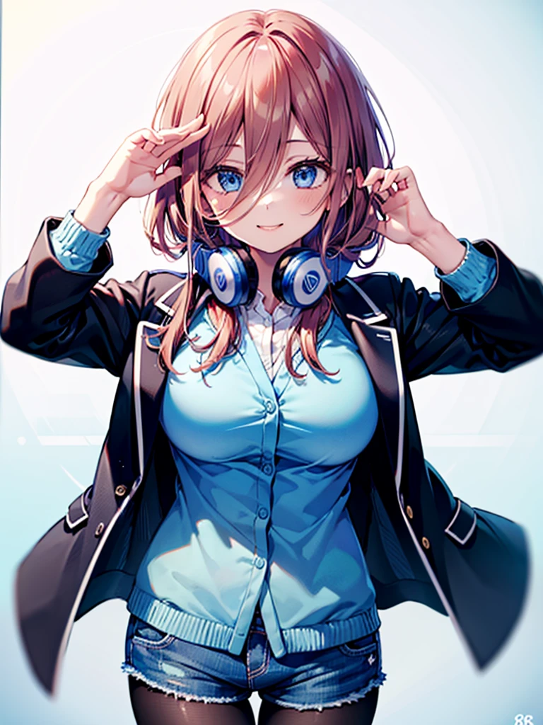 (8K, Highest quality, Highest quality, masterpiece), nm1, 1girl, headphones around neck, smile, school uniform, long sleeves, blue cardigan, denim short shorts, pantyhose, black jacket, open jacket, big breasts