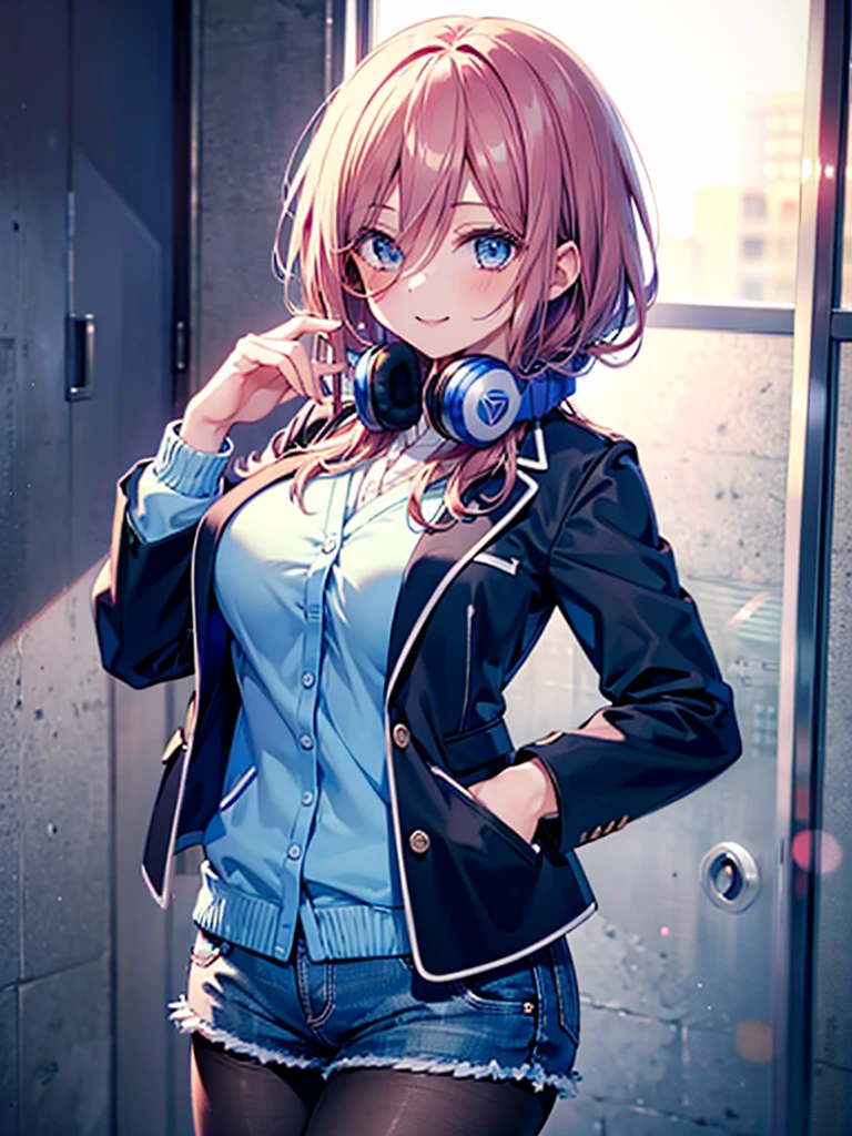 (8K, Highest quality, Highest quality, masterpiece), nm1, 1girl, headphones around neck, smile, school uniform, long sleeves, blue cardigan, denim short shorts, pantyhose, black jacket, open jacket, big breasts