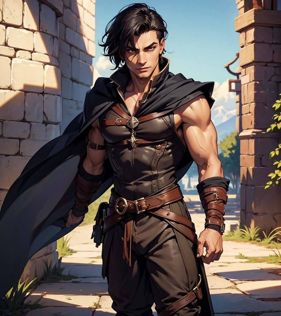 (((Solo character image.))) (((Generate a single character image.)))  1boy (((Dressed in medieval fantasy attire.))) (((Very sexy facial expression.)))  Sexy male fantasy character.  Physique like a male warrior.  Generate an exciting yet sinister male fantasy adventurer for a dark and eerie fantasy setting.  He has shoulder length black hair and has a sinister attire and looks like an exciting villain for a fantasy setting. Large, sexy crotch area. Swashbuckler fashion. Great abs.  Great male physique.  This character is human, very dangerous and looks full of mischief.  He appears about 20 years old.  Ideal physique.  Realistic image.  Looks like a male version of actress Payton Preslee.  He has a legendary beauty that makes him memorable and a pleasure to look at.  Dresses like a male gypsy.  Romani. 