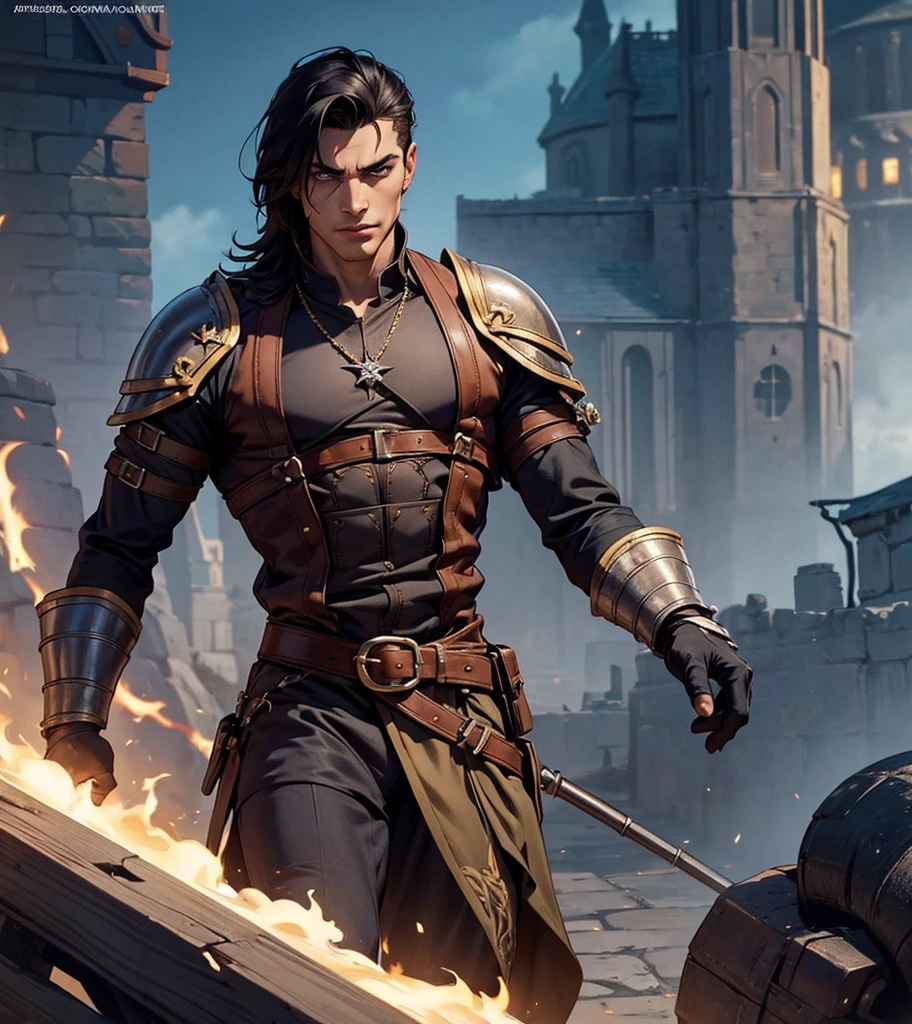 (((Solo character image.))) (((Generate a single character image.)))  1boy (((Dressed in medieval fantasy attire.))) (((Very sexy facial expression.)))  Sexy male fantasy character.  Physique like a male warrior.  Generate an exciting yet sinister male fantasy adventurer for a dark and eerie fantasy setting.  He has shoulder length black hair and has a sinister attire and looks like an exciting villain for a fantasy setting. Large, sexy crotch area. Swashbuckler fashion. Great abs.  Great male physique.  This character is human, very dangerous and looks full of mischief.  He appears about 20 years old.  Ideal physique.  Realistic image.  Looks like a male version of actress Payton Preslee.  He has a legendary beauty that makes him memorable and a pleasure to look at.  Dresses like a male gypsy.  Romani. 