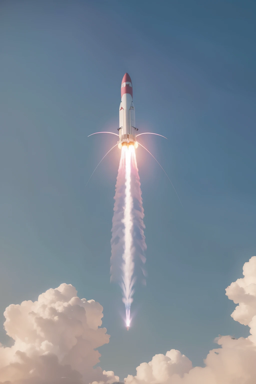 rocket rising with pink and blue colors with blur landing on top of people