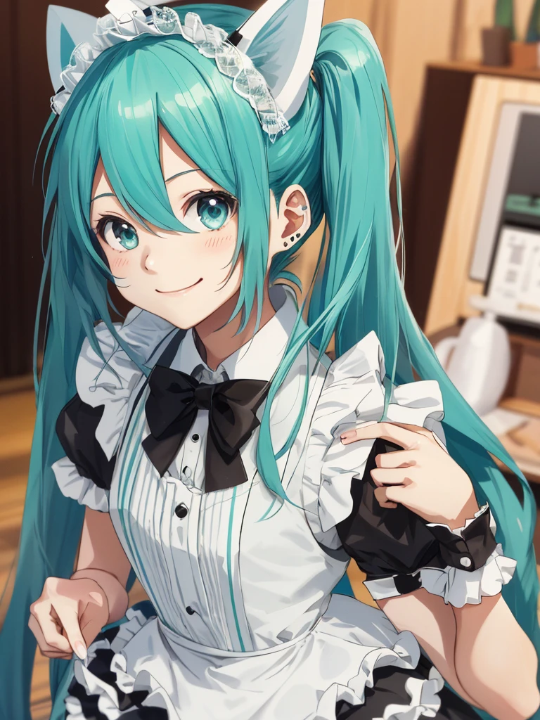 hatsune miku, maid, cute, cat ears, smiling
