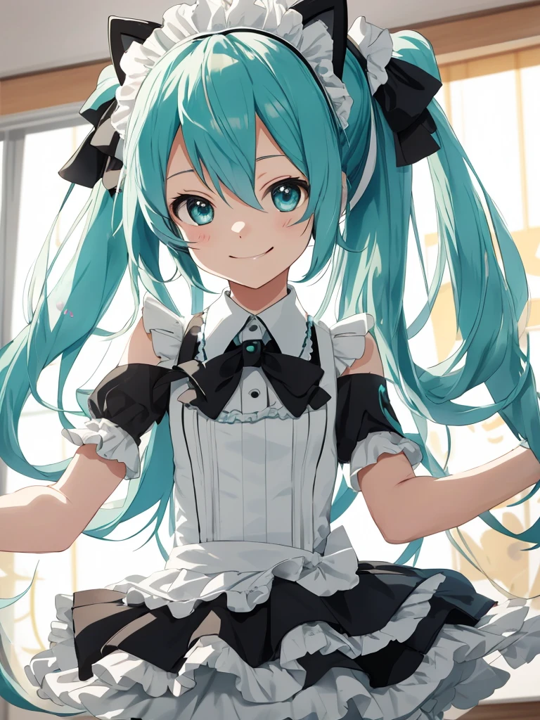 hatsune miku, maid, cute, cat ears, smiling