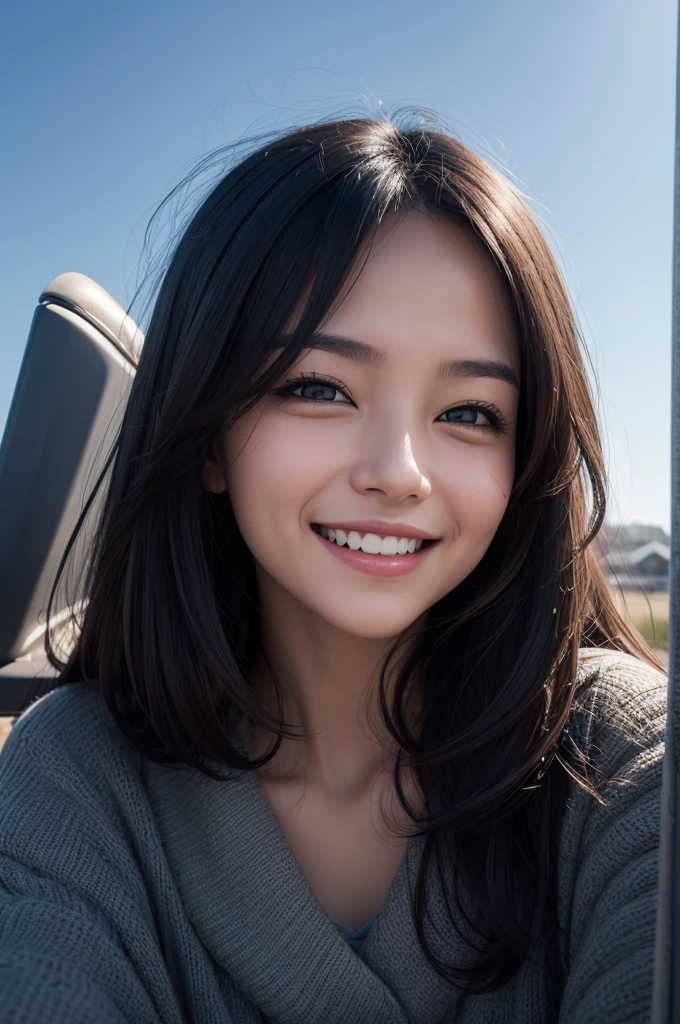 Create a dark face of a woman smiling with her eyes open looking at the sky on the right side